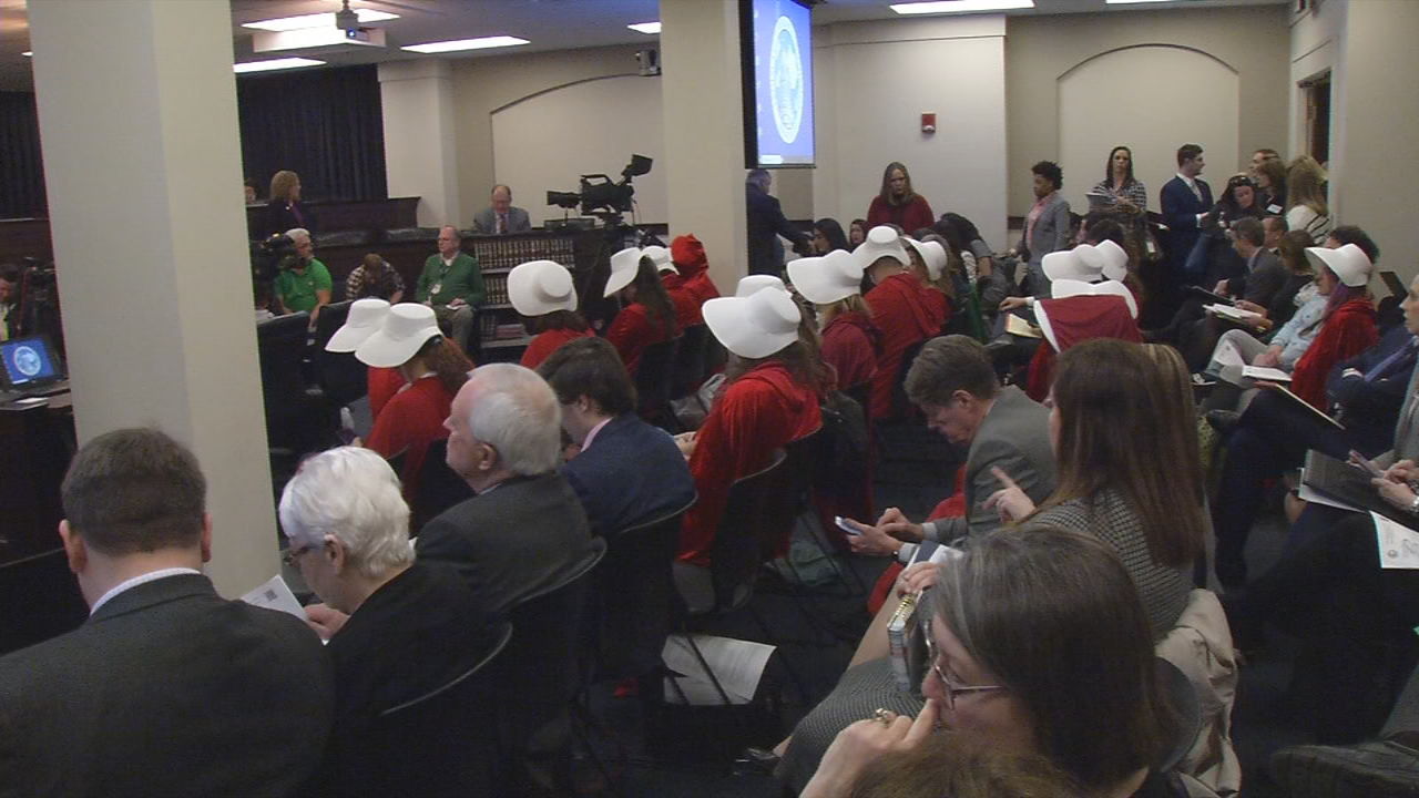 Protesters in Handmaid's Tale attire sit as lawmakers debate abortion bills